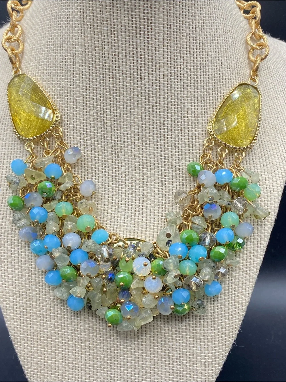JANICE KEELER Glass Beads Statement Necklace Gold Tone Blue Green